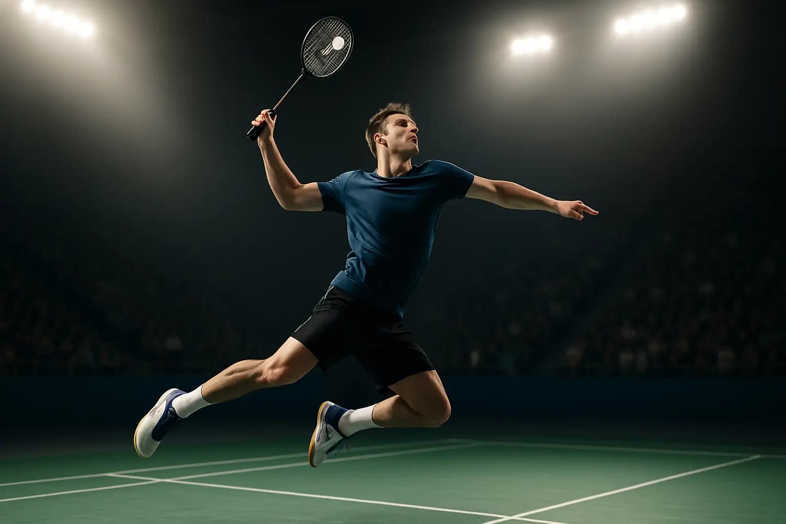 Badminton player mid-smash on a floodlit indoor court during a major tournament