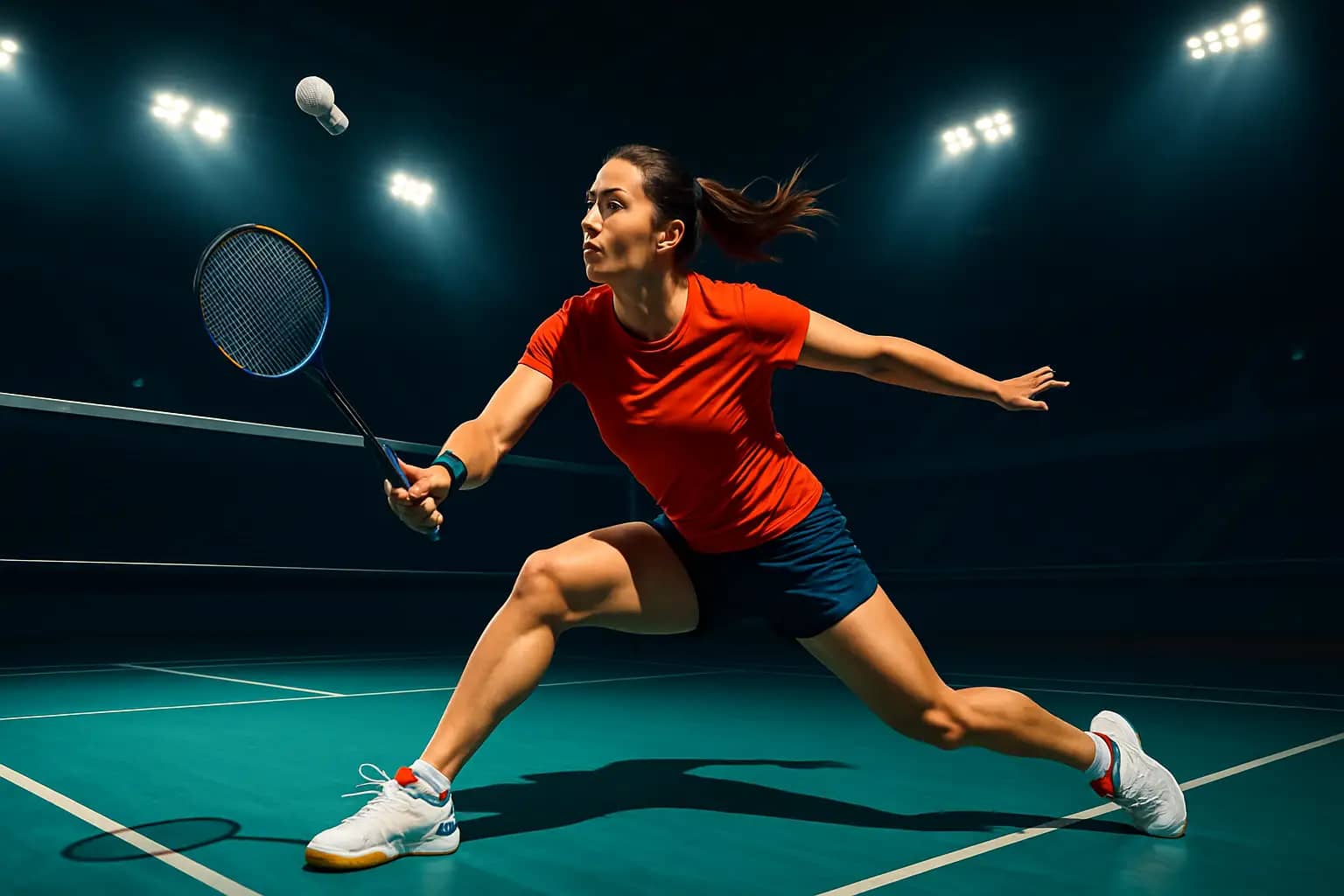 A female badminton player in action on a brightly lit indoor court, racquet raised mid-swing