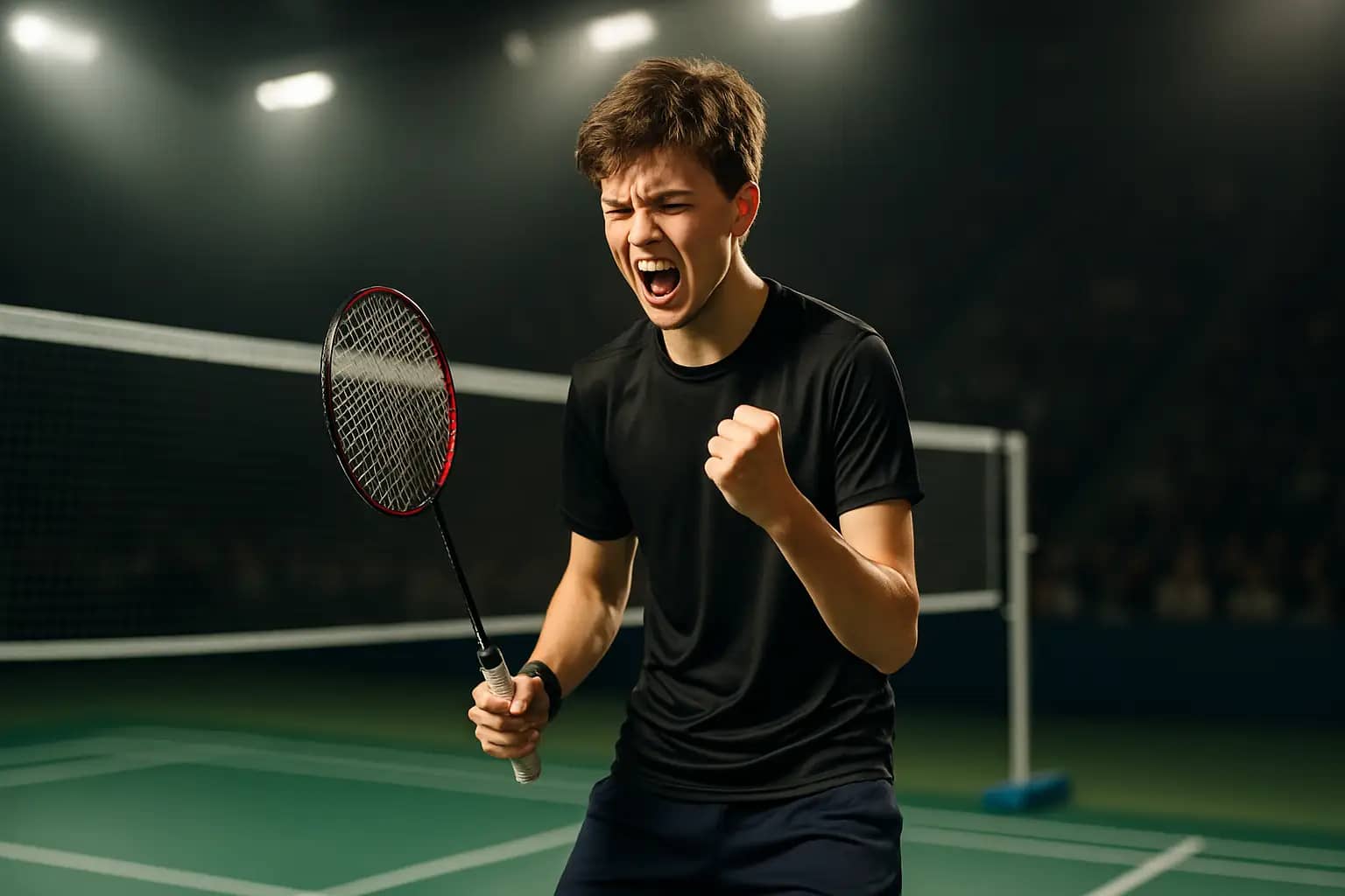 Young badminton player celebrating an upset win on an indoor court during a junior championship