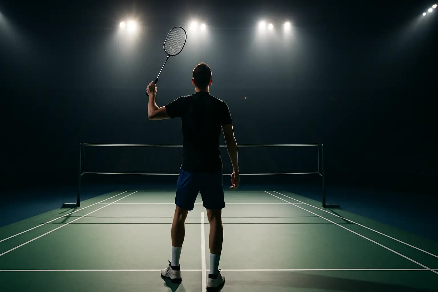 Badminton player preparing to serve in an indoor arena with bright overhead lighting