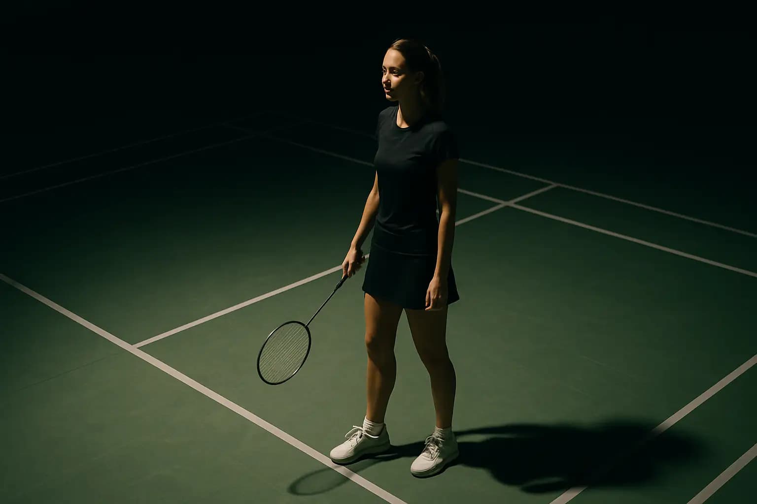 A badminton player preparing to serve on an indoor court with stadium lighting