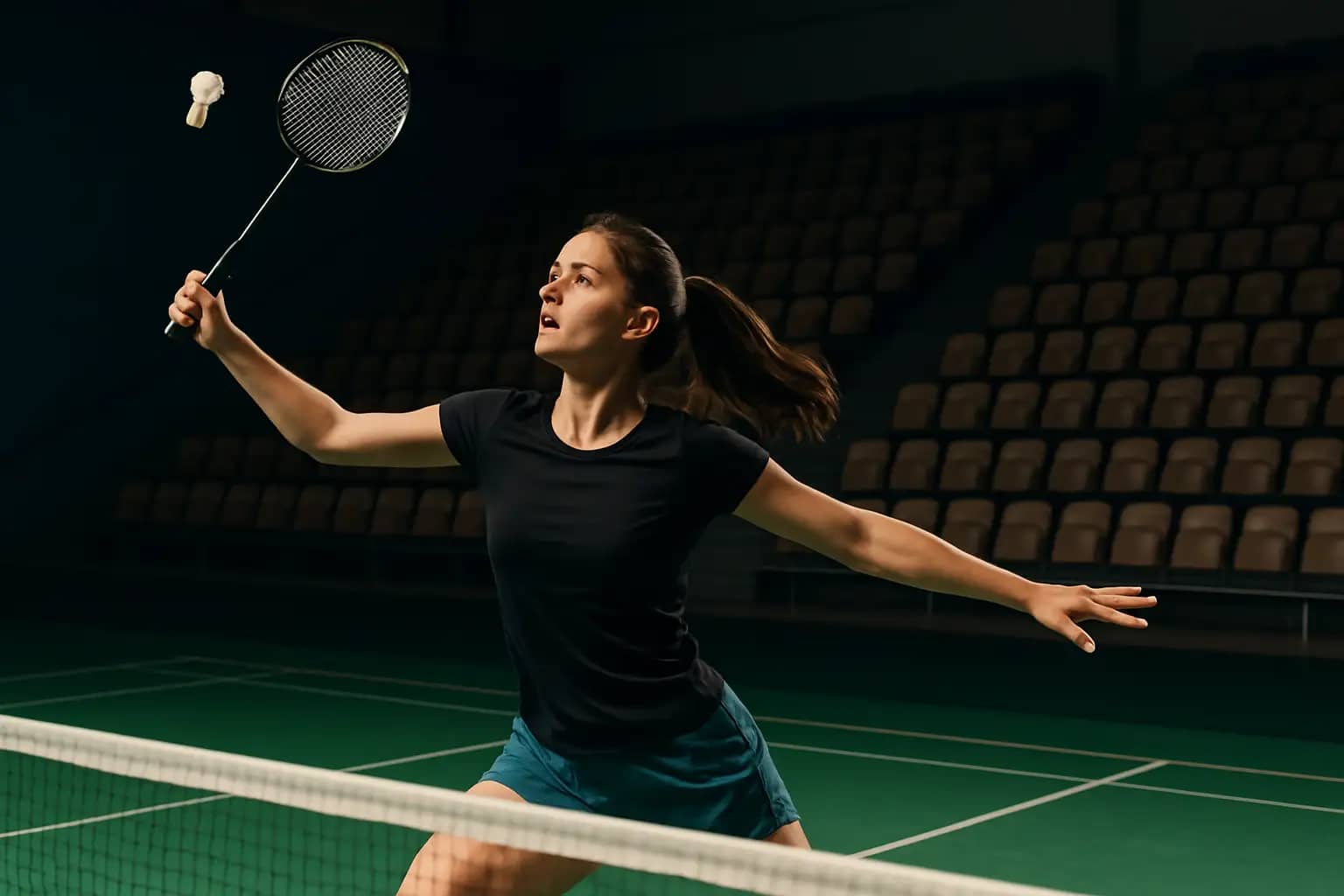 Young female badminton player practicing on an indoor court in Southeast Asia