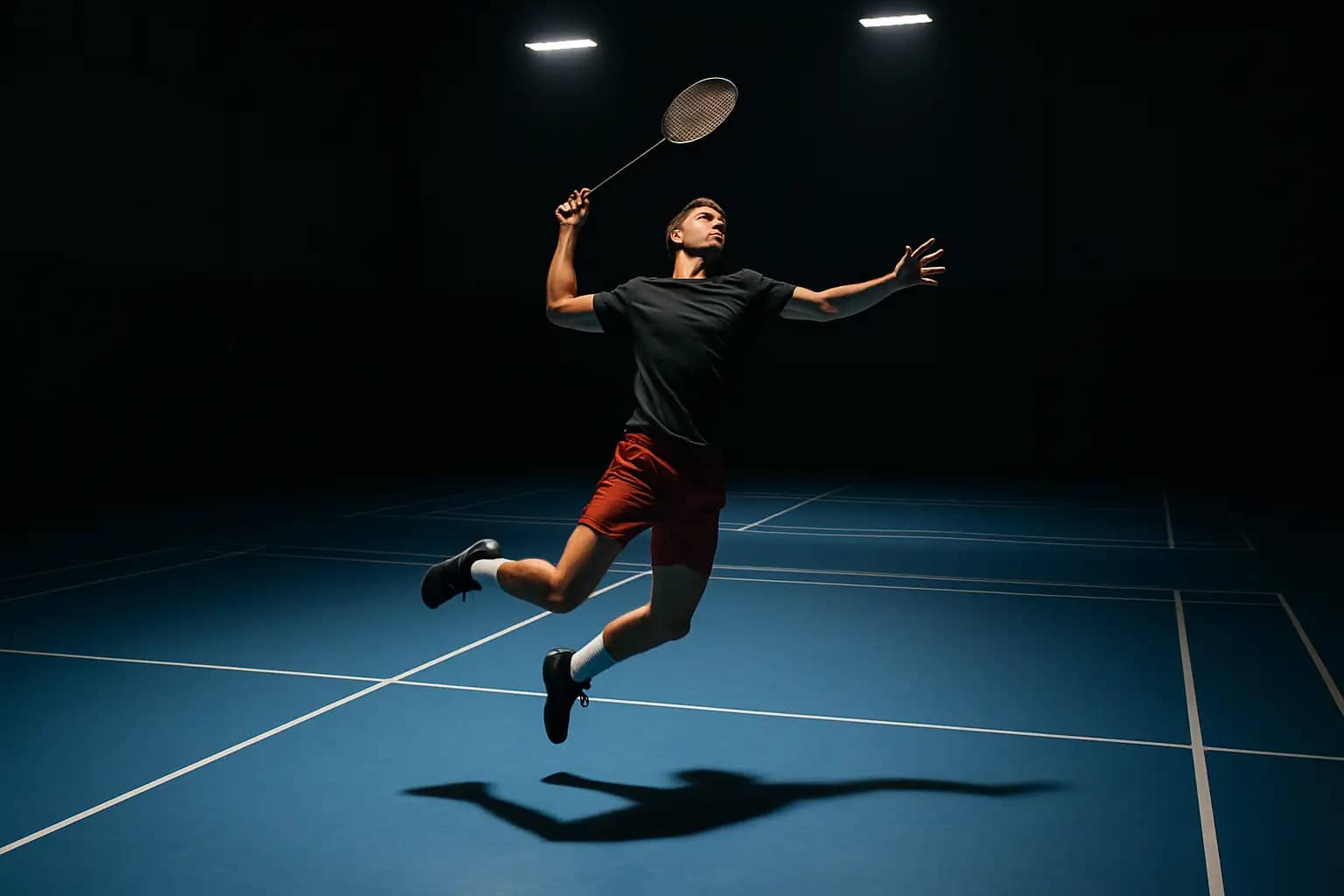 Indian badminton player mid-jump smashing shuttlecock on an indoor court