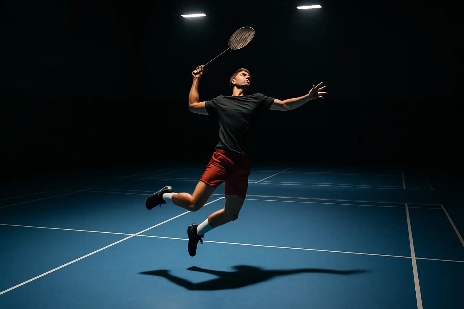 Indian badminton player mid-jump smashing shuttlecock on an indoor court