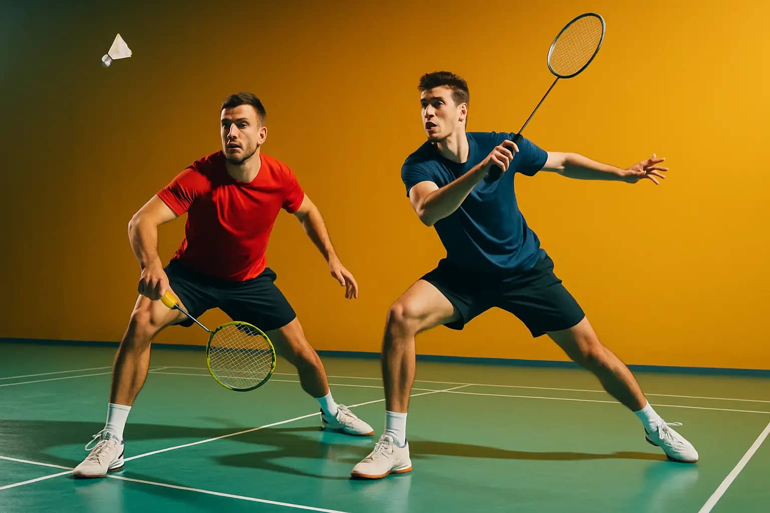 Two badminton doubles partners moving in sync during a fast rally on an indoor court
