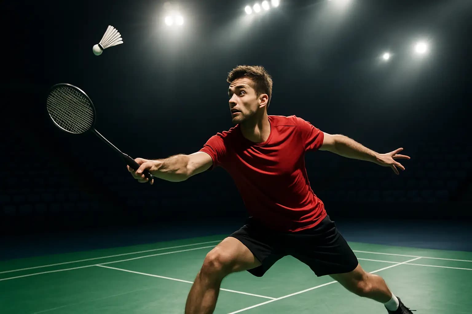 A badminton player in action on an indoor court during an international tournament