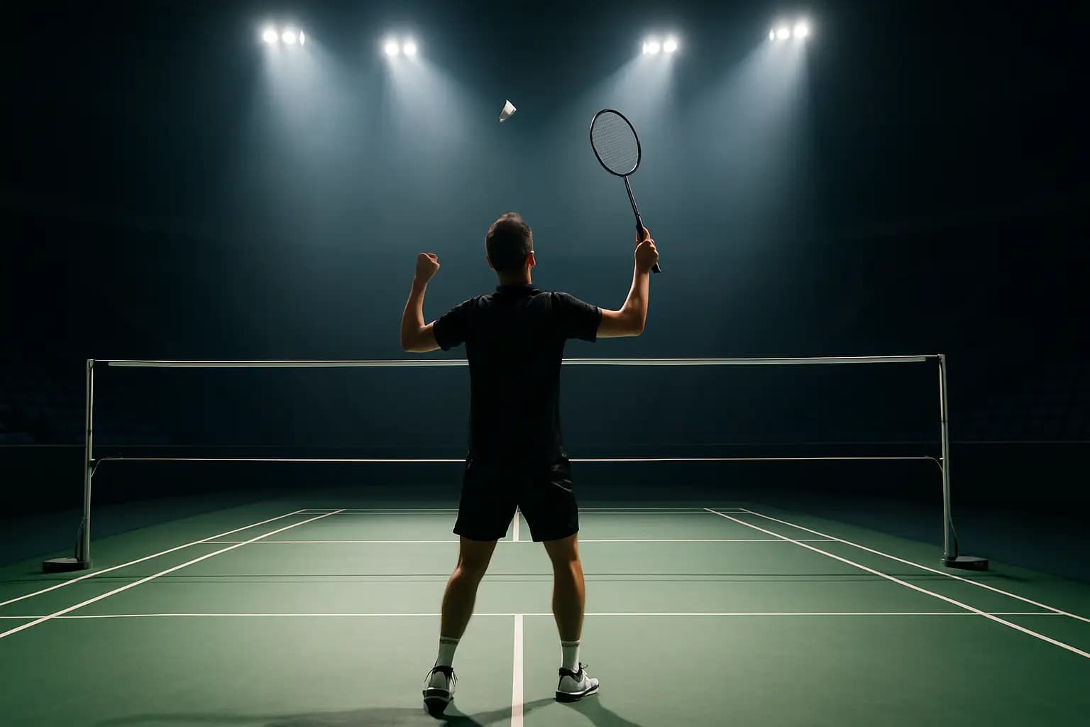 A badminton player celebrating a tournament victory on court, racket raised