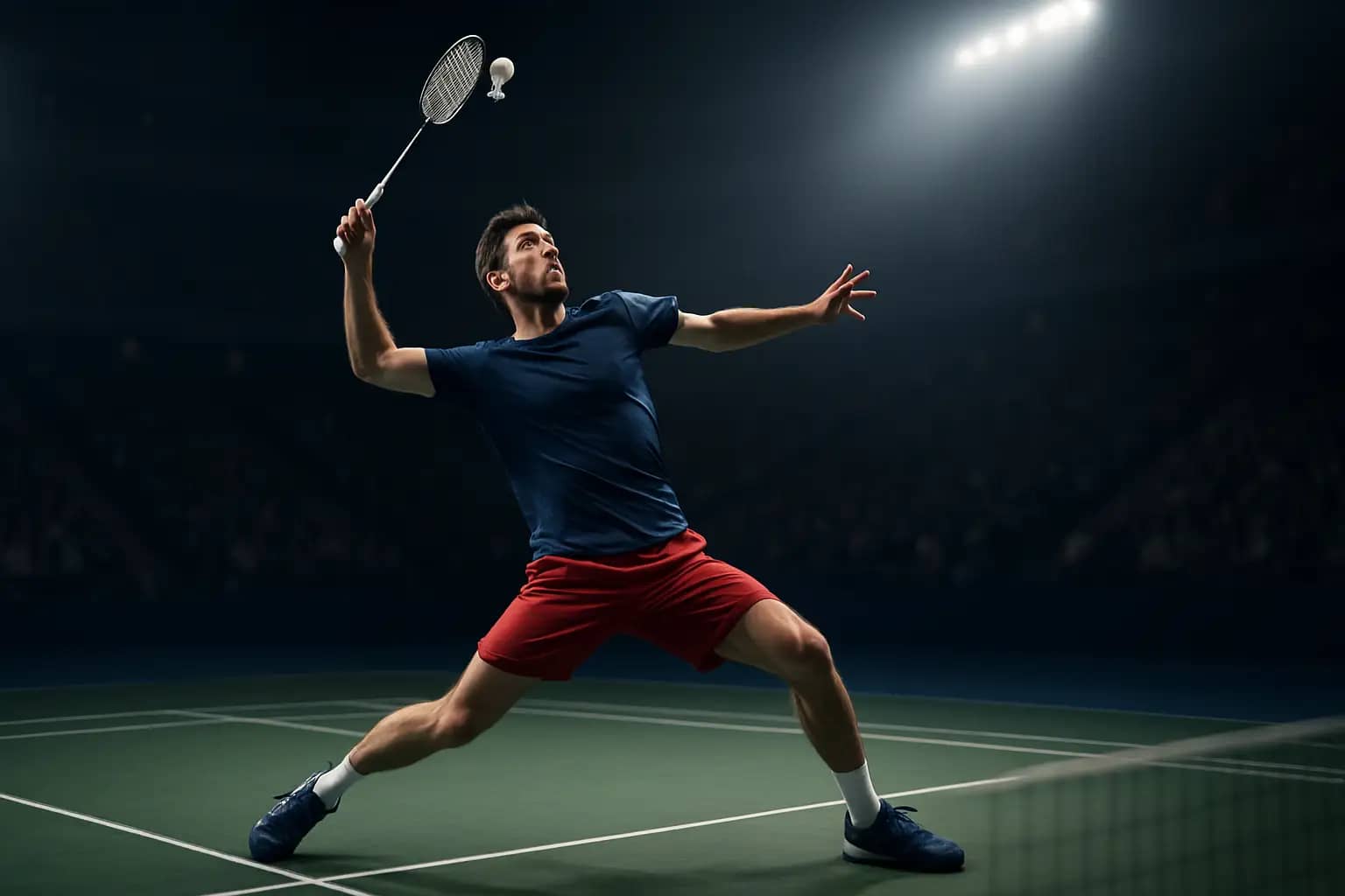 A badminton player mid-smash on an indoor court under bright arena lights