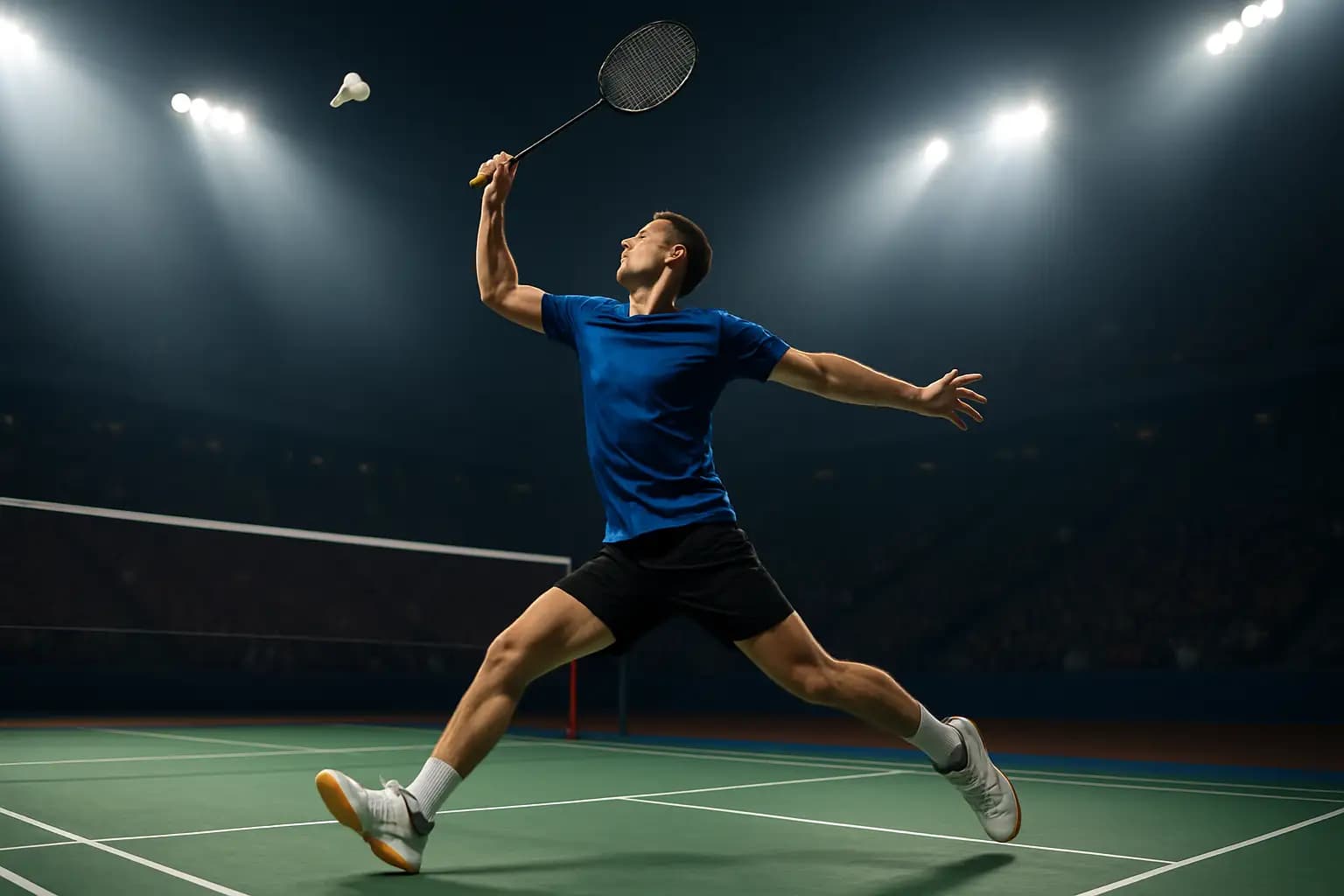 Indian badminton player mid-swing on an indoor court during an international tournament