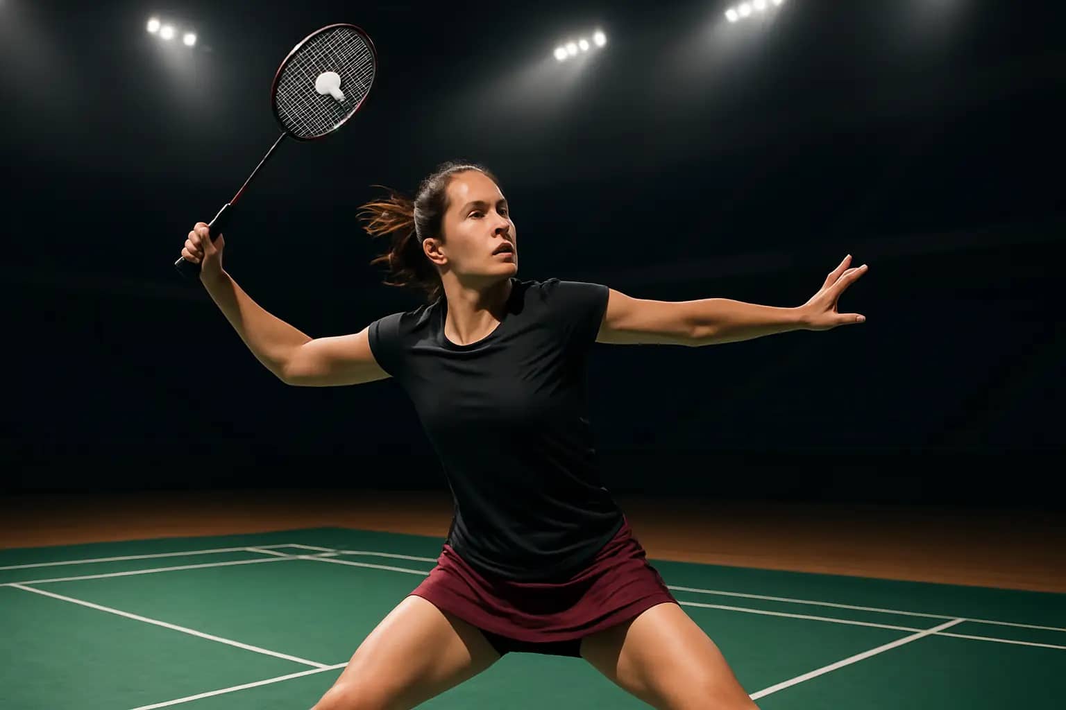 A female badminton player mid-smash on an indoor court during an international tournament