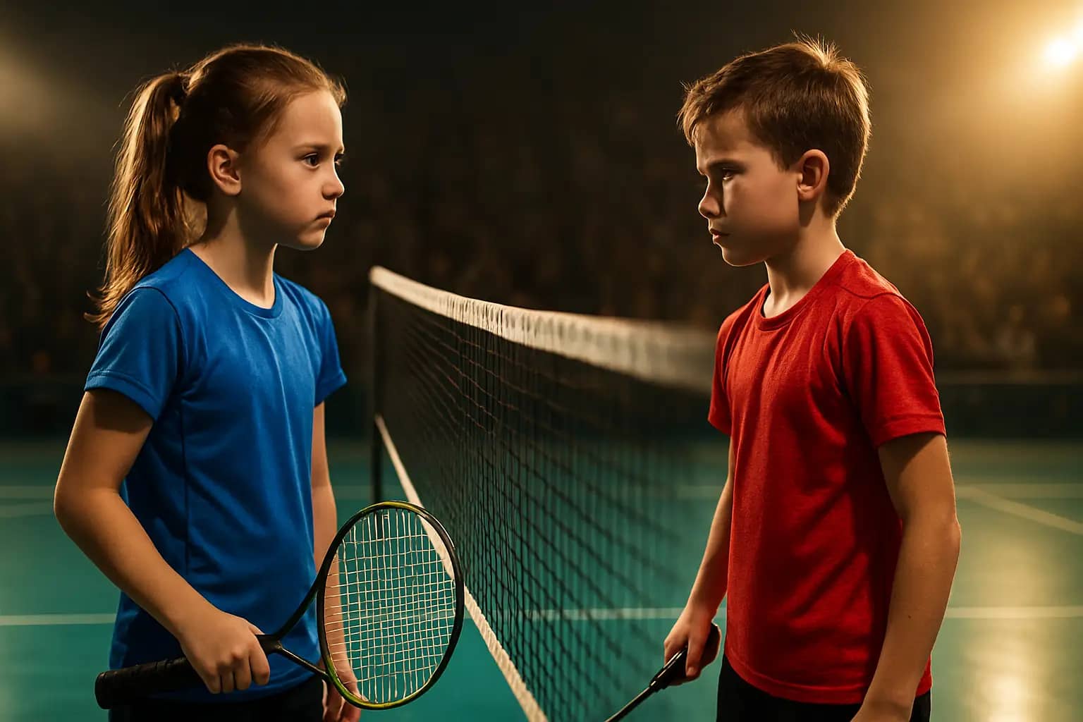 Two young badminton players on a indoor court preparing for a finals match
