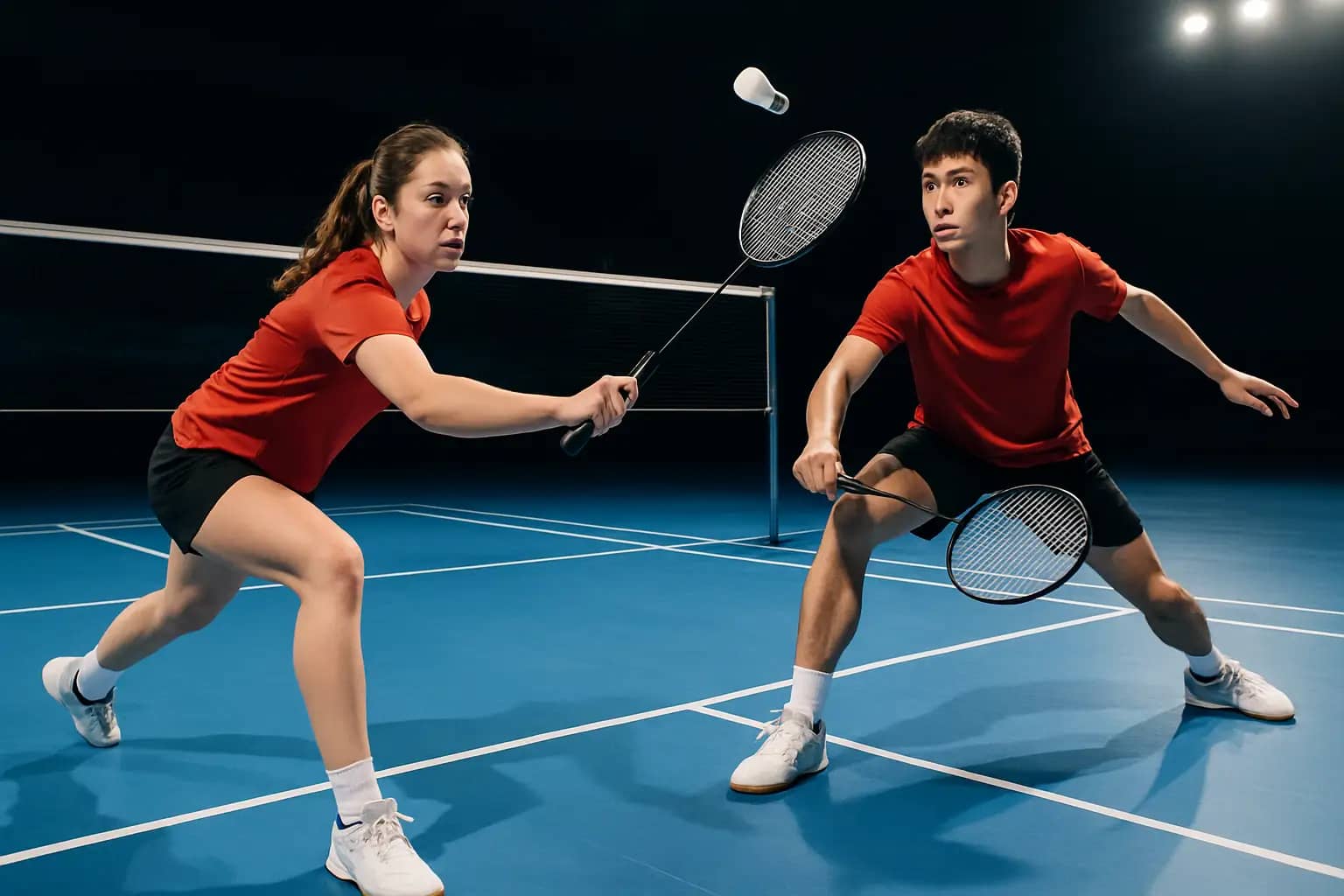 Two young badminton players competing in a mixed doubles match on an indoor court