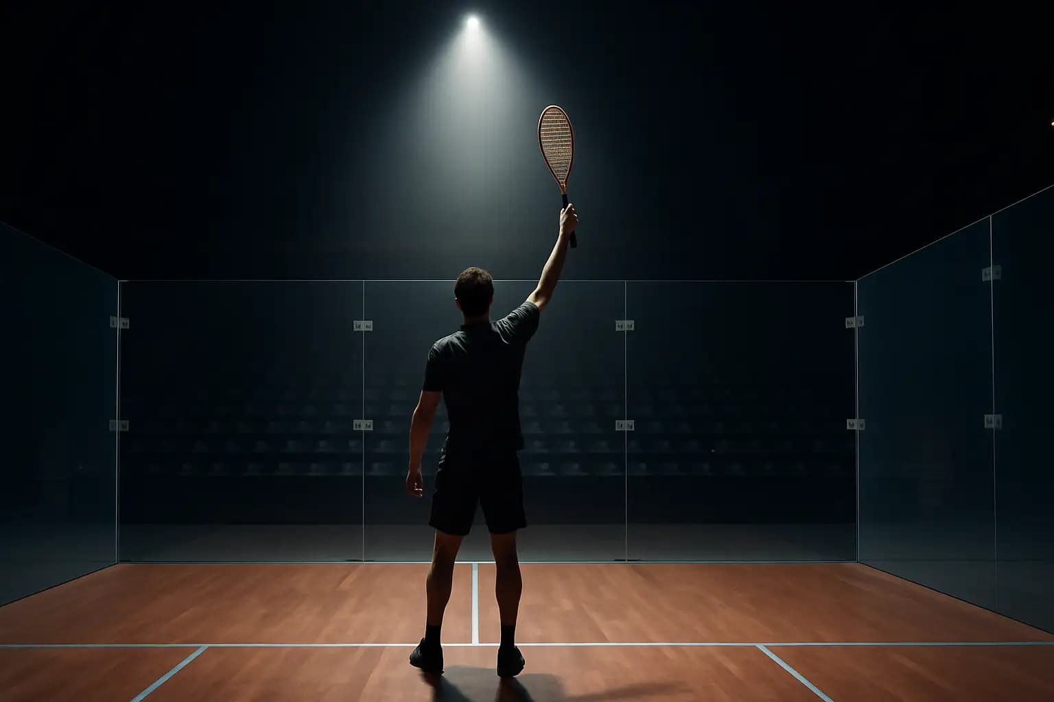 A squash player celebrates a tournament victory on court, racket raised