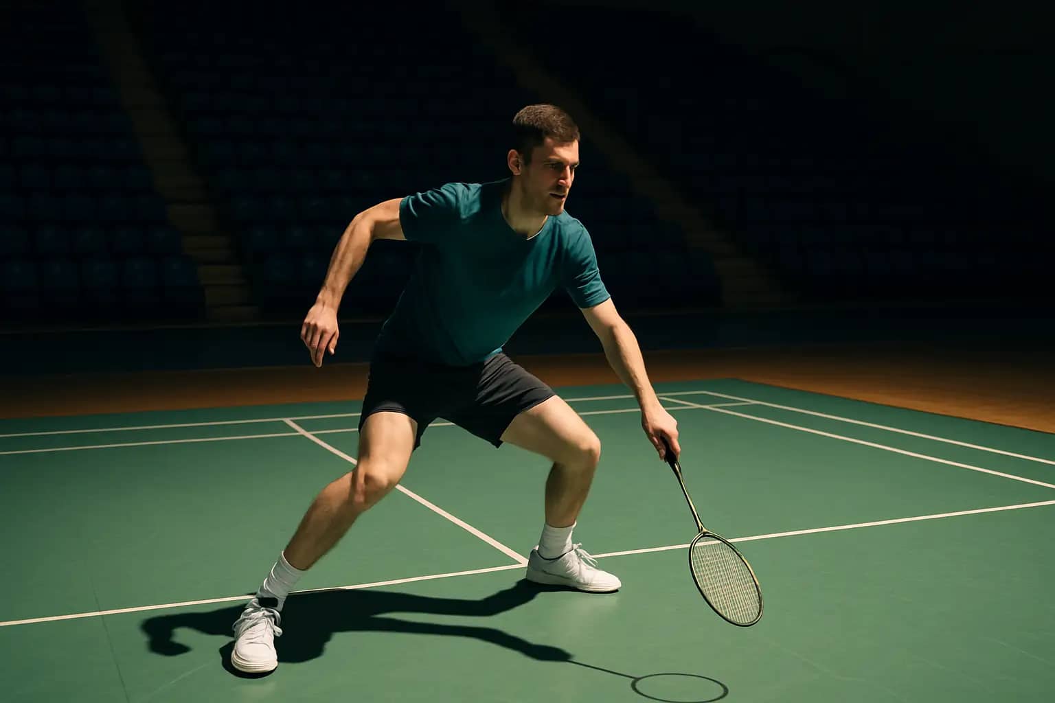 A young male badminton player in training gear practicing footwork drills on an indoor court