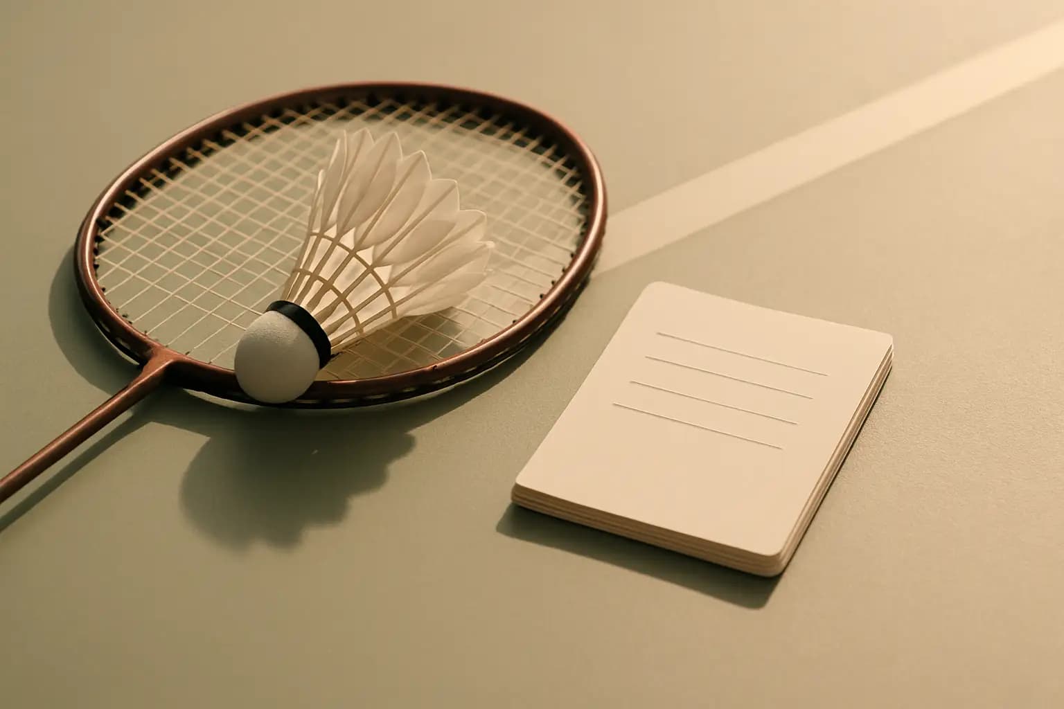 A badminton racket and shuttlecock resting on a court beside a small notepad with three handwritten statements