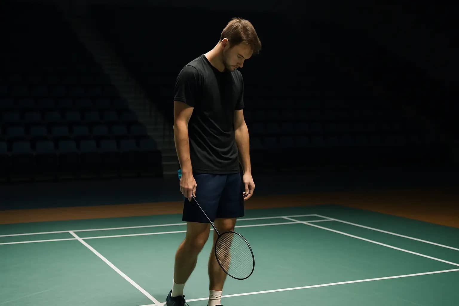 A badminton player looking dejected on an indoor court after a semi-final loss