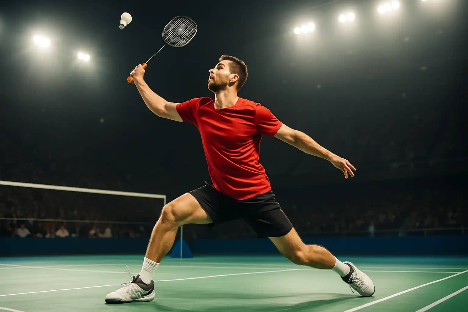 A male badminton player in action mid-smash on an indoor court with stadium lighting