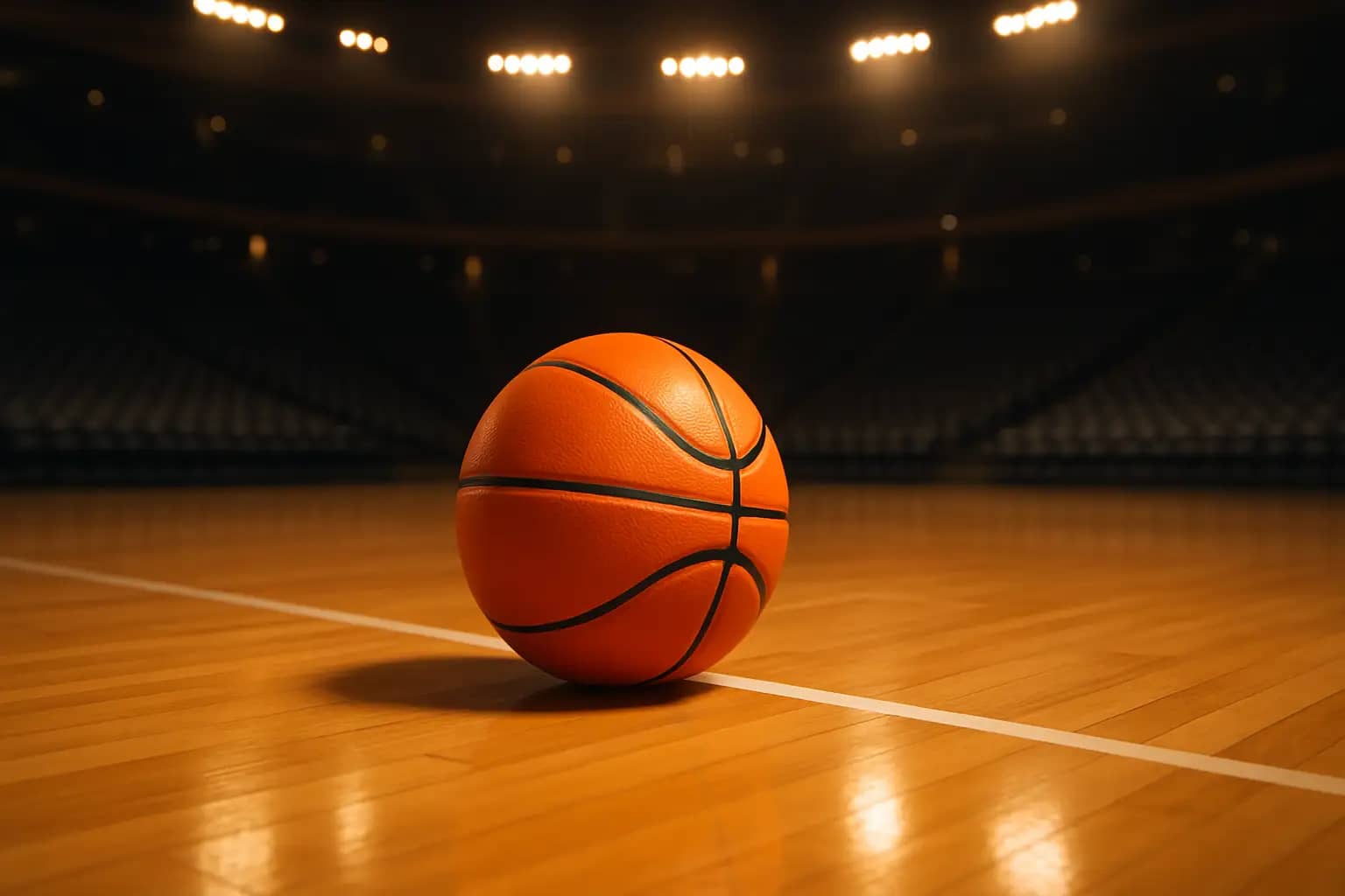 Basketball on a hardwood court with empty arena seats in the background