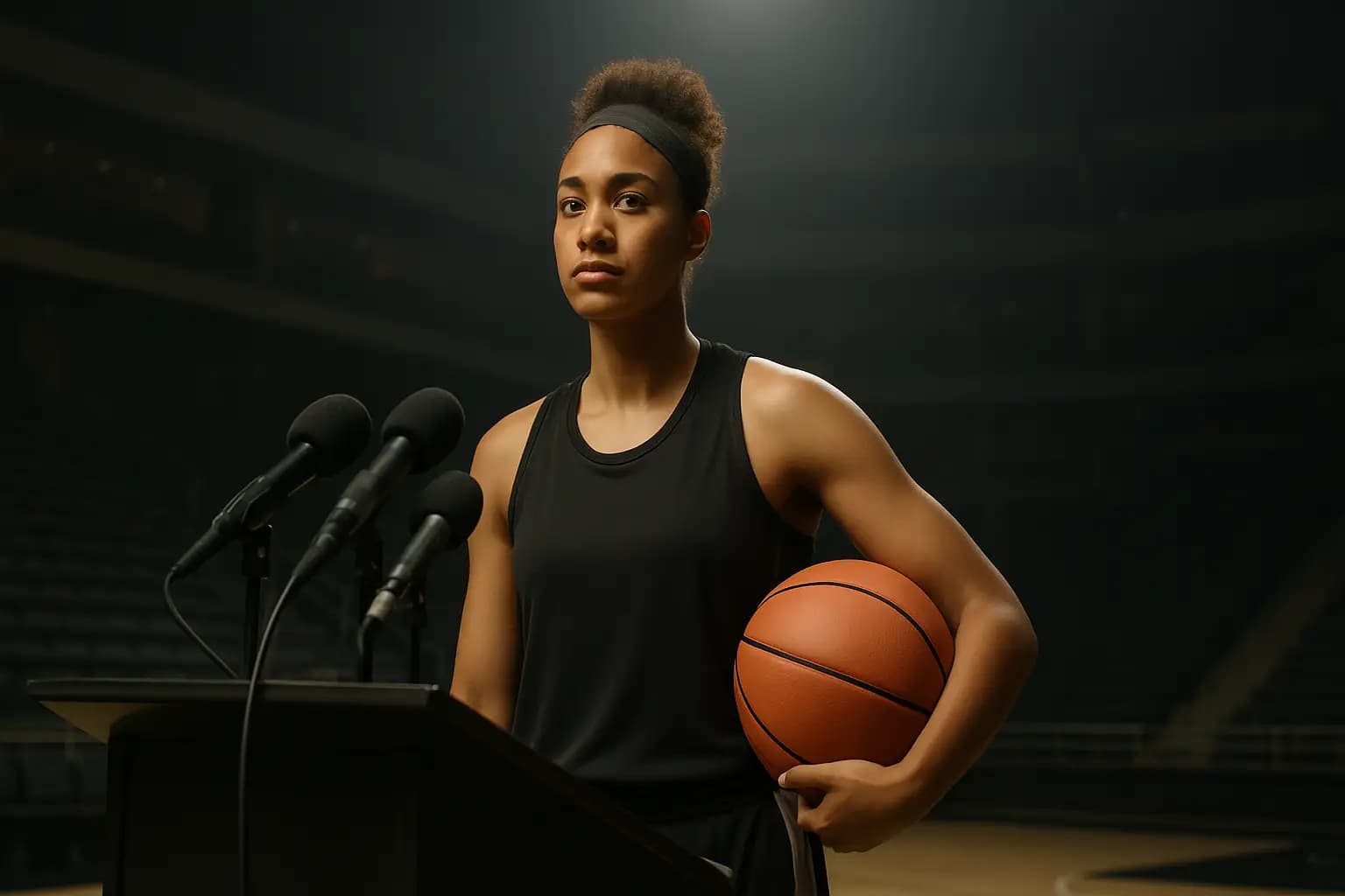 A women's basketball player stands at a podium addressing reporters in a arena setting