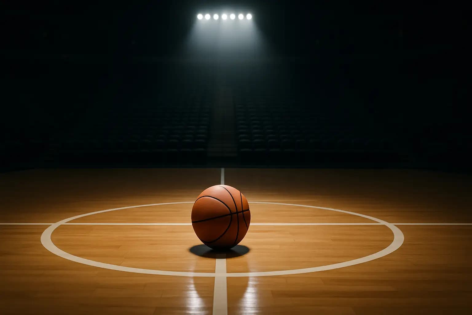 A basketball resting on a hardwood court inside an empty NBA arena with stadium lights overhead