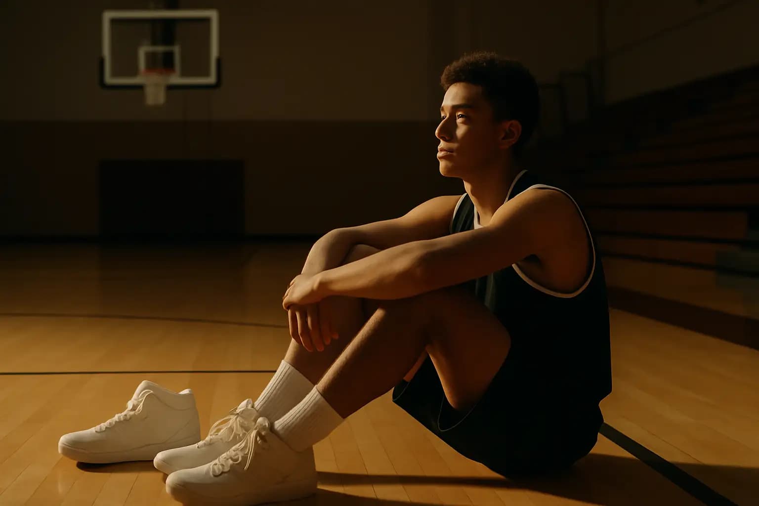 Young basketball player reflecting on his athletic journey in a gym setting