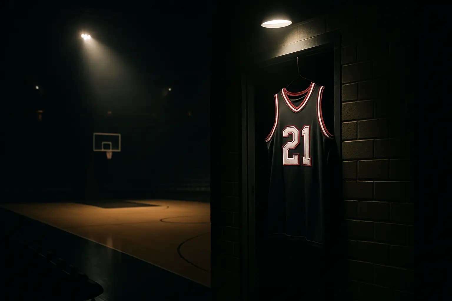 Basketball court with a spotlight shining on an empty Cleveland Cavaliers jersey hanging in an arena