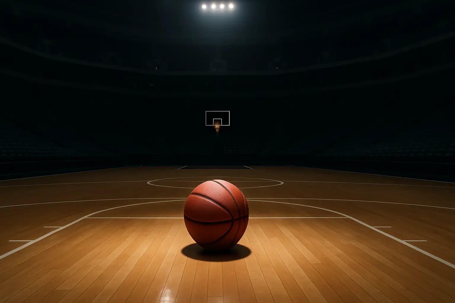 A basketball resting on a hardwood court near the free-throw line inside a college arena