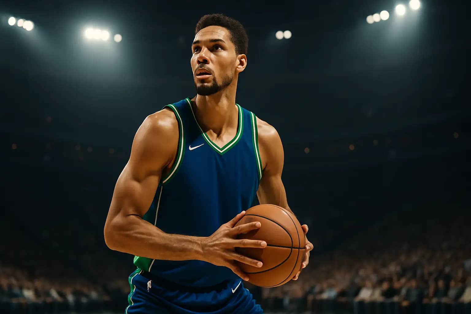 A basketball player in a Minnesota Timberwolves jersey holding a basketball on an NBA court