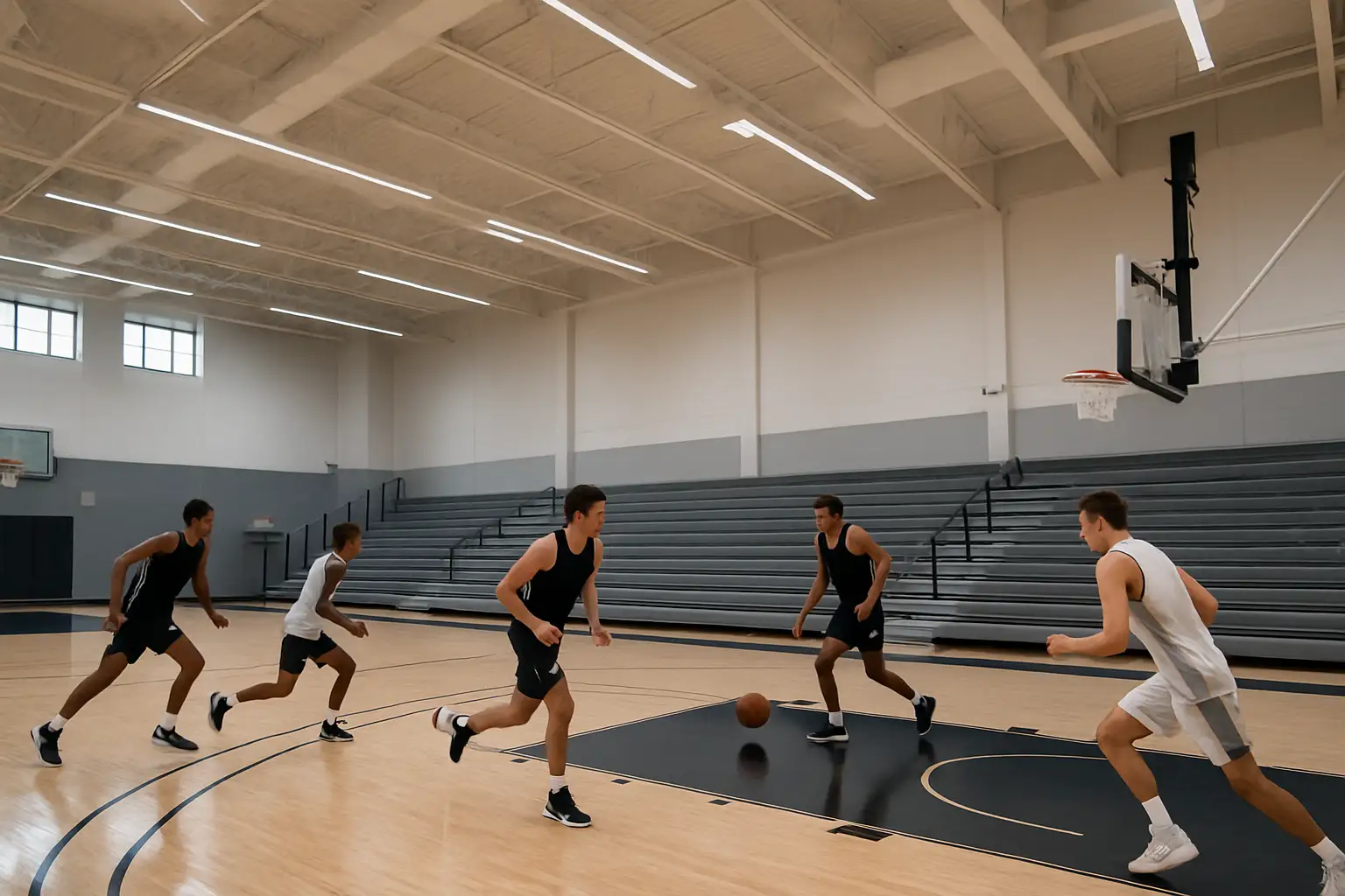 Basketball players running drills on an indoor court during a summer workout session