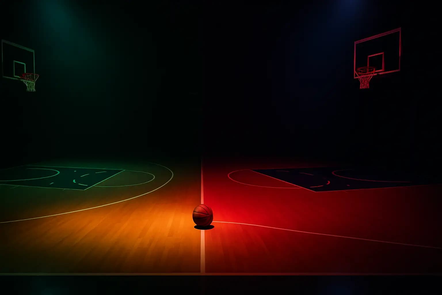 Basketball court with team jerseys representing a major player trade between two NBA franchises