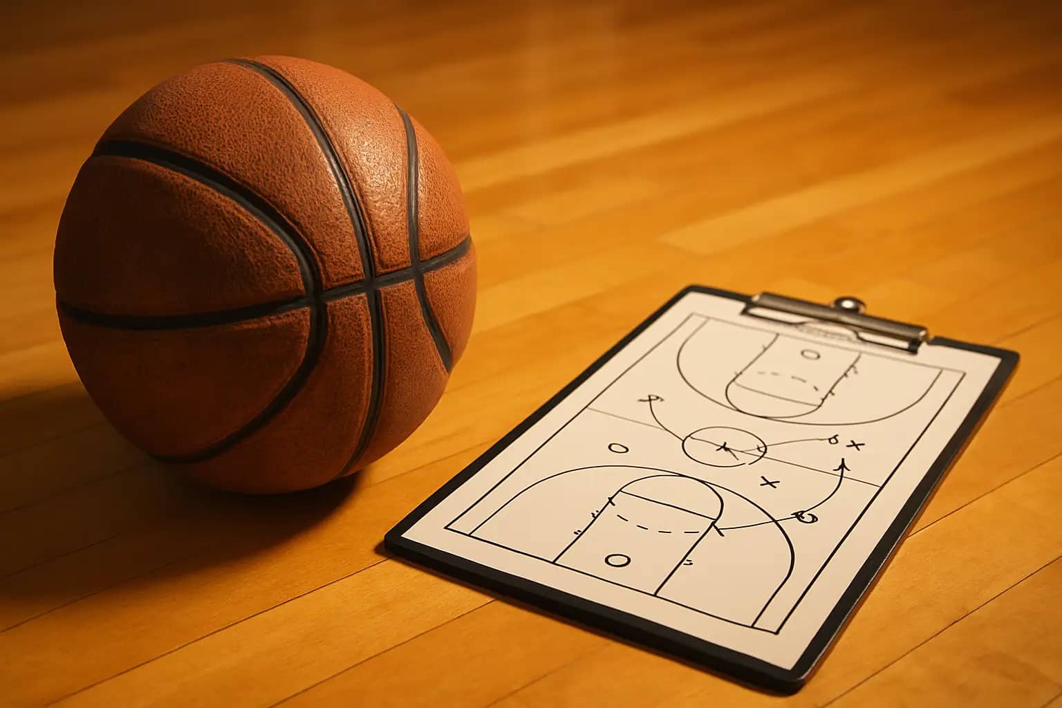 A basketball on a hardwood court with a coaching clipboard nearby, representing grassroots basketball development