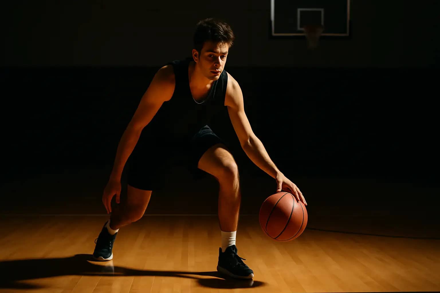 A college basketball guard dribbling on an indoor hardwood court during practice