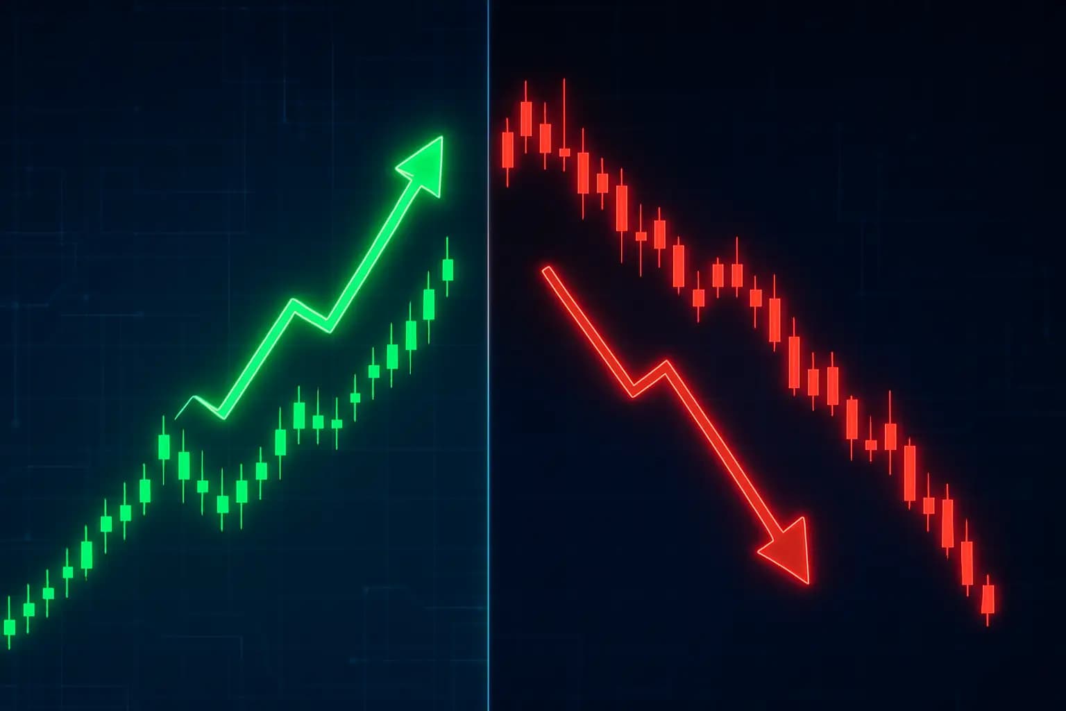 Abstract visualization of crypto market divergence with rising and falling token charts