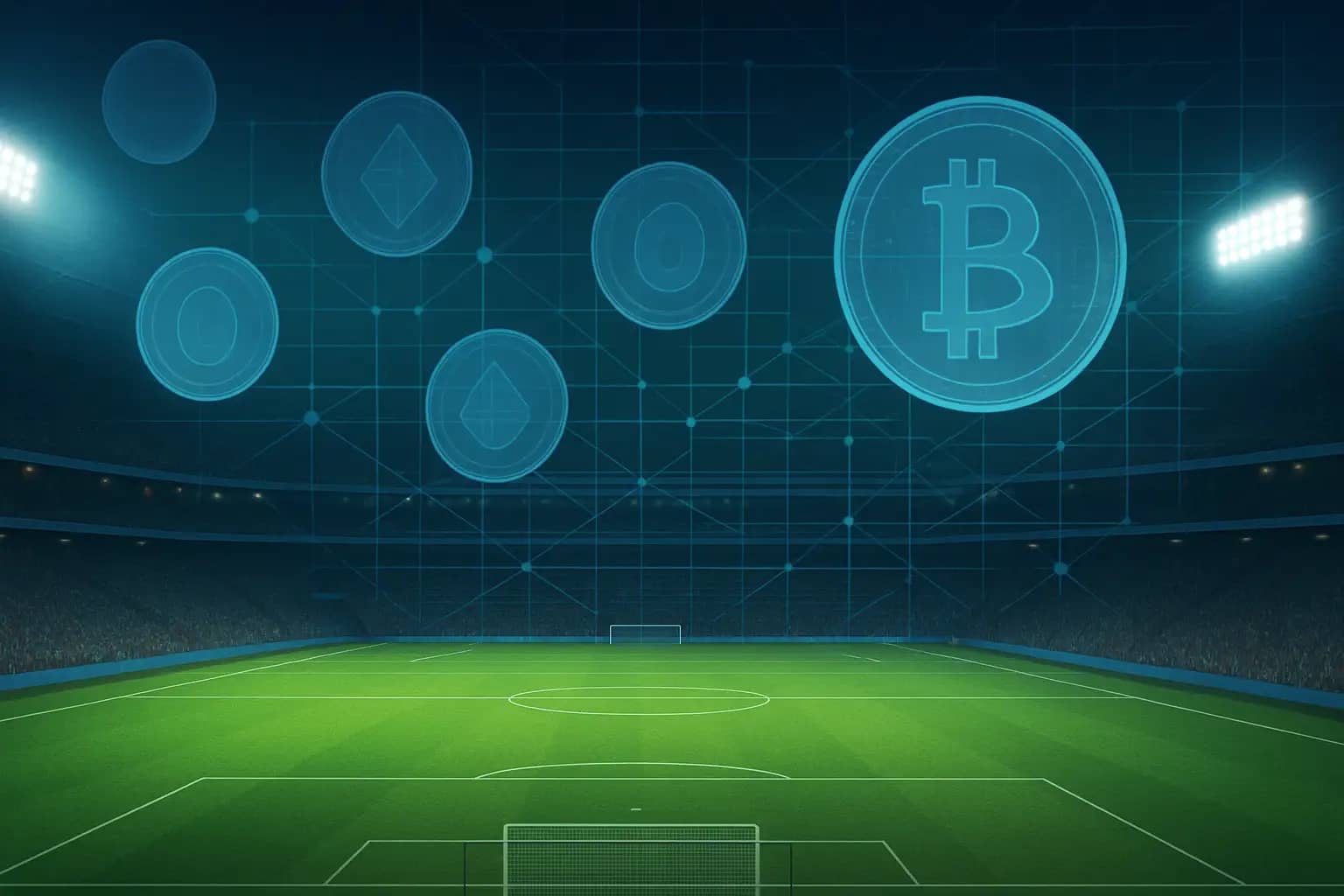 A football stadium lit up at night with glowing cryptocurrency symbols floating above the pitch