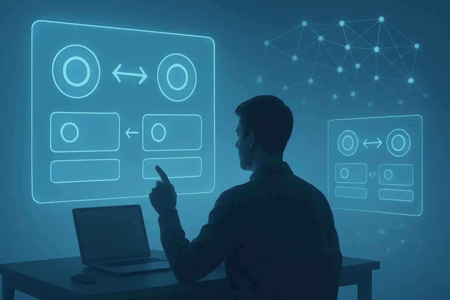 A digital illustration of a person interacting with a decentralized exchange interface on a glowing screen, surrounded by Ethereum token symbols