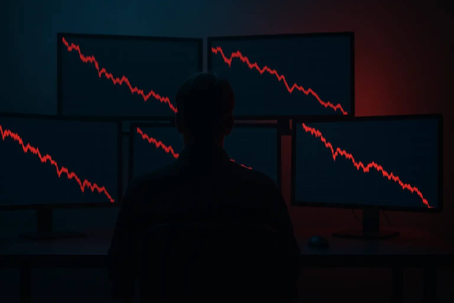A trader staring at multiple screens showing falling market charts in a dimly lit room