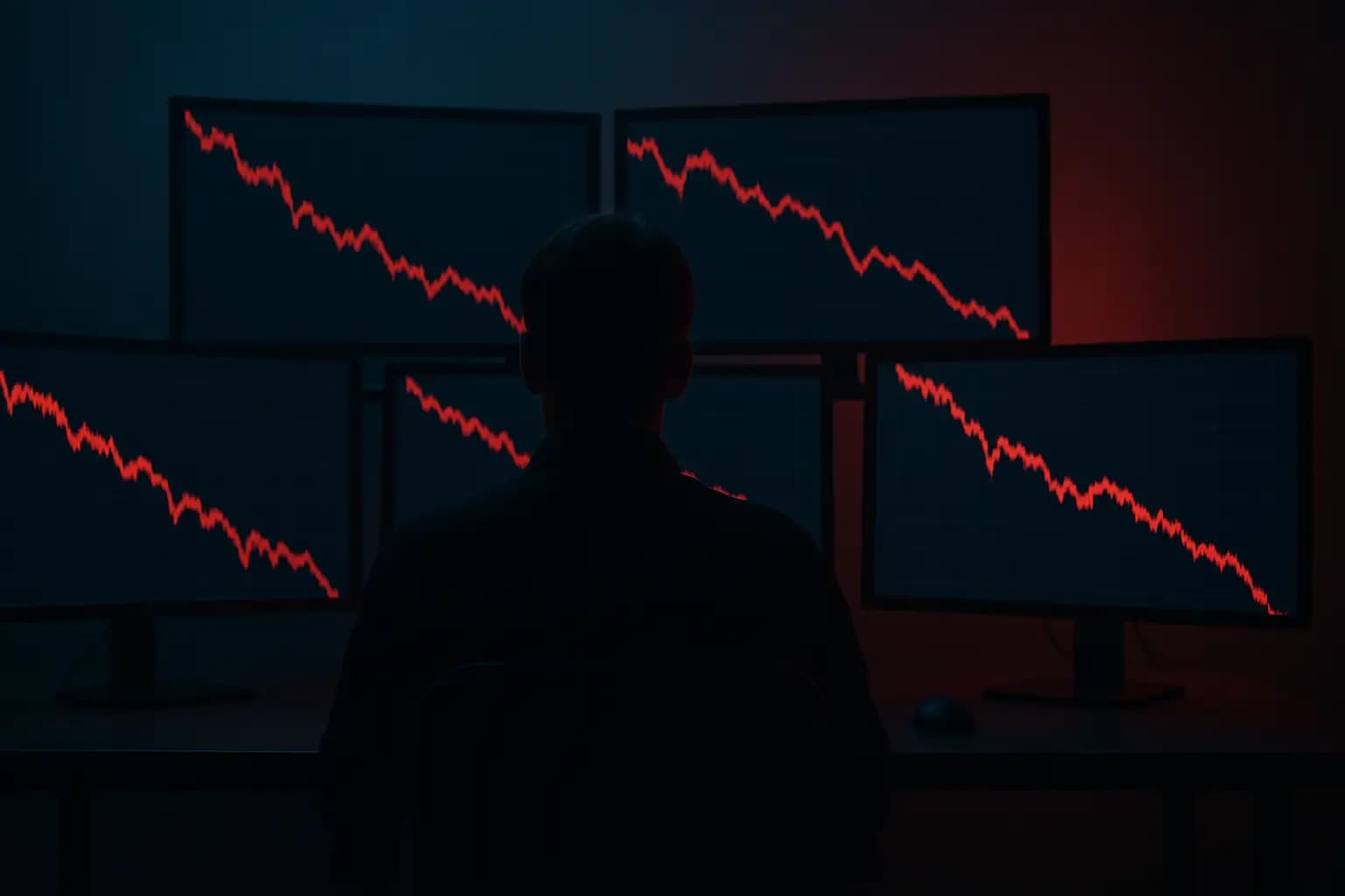 A trader staring at multiple screens showing falling market charts in a dimly lit room