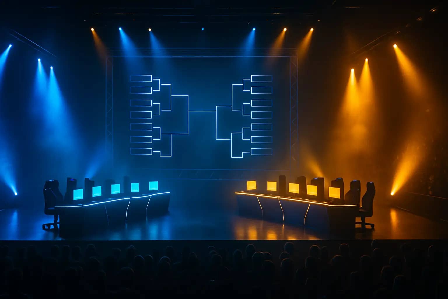 Esports arena lit with blue and gold lighting as competitors face off on stage