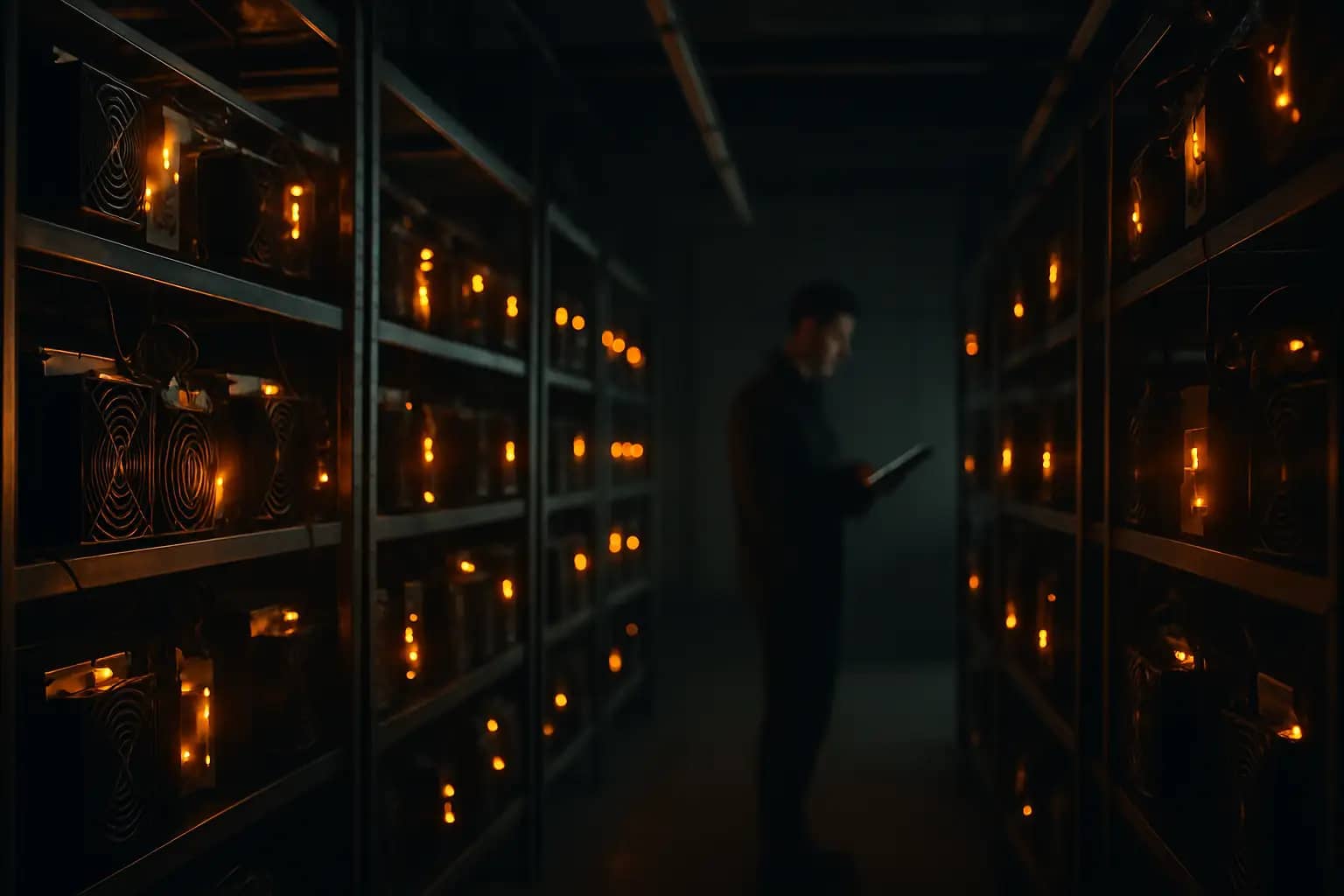 Bitcoin mining rigs in a dark server room with a countdown clock graphic overlay