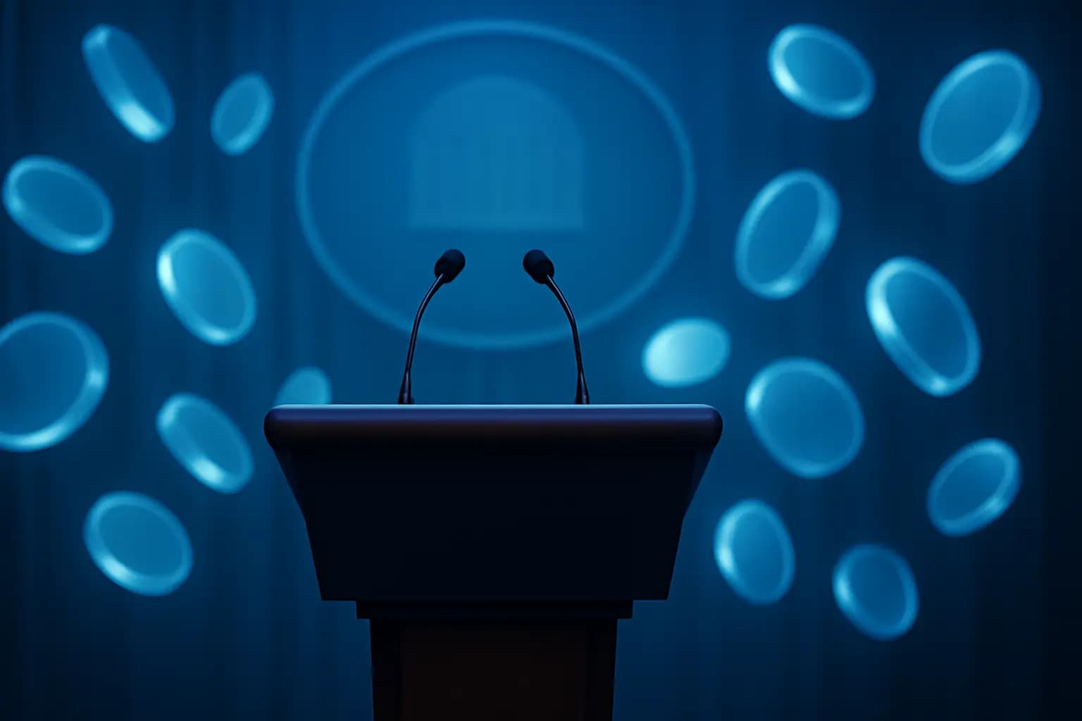 A podium at a press briefing with digital currency symbols glowing in the background