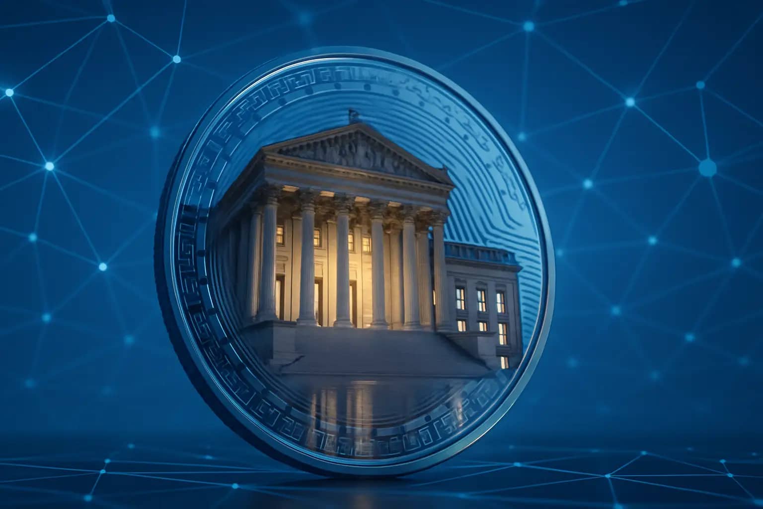 A government building with cryptocurrency symbols in the foreground representing political and financial conflict of interest