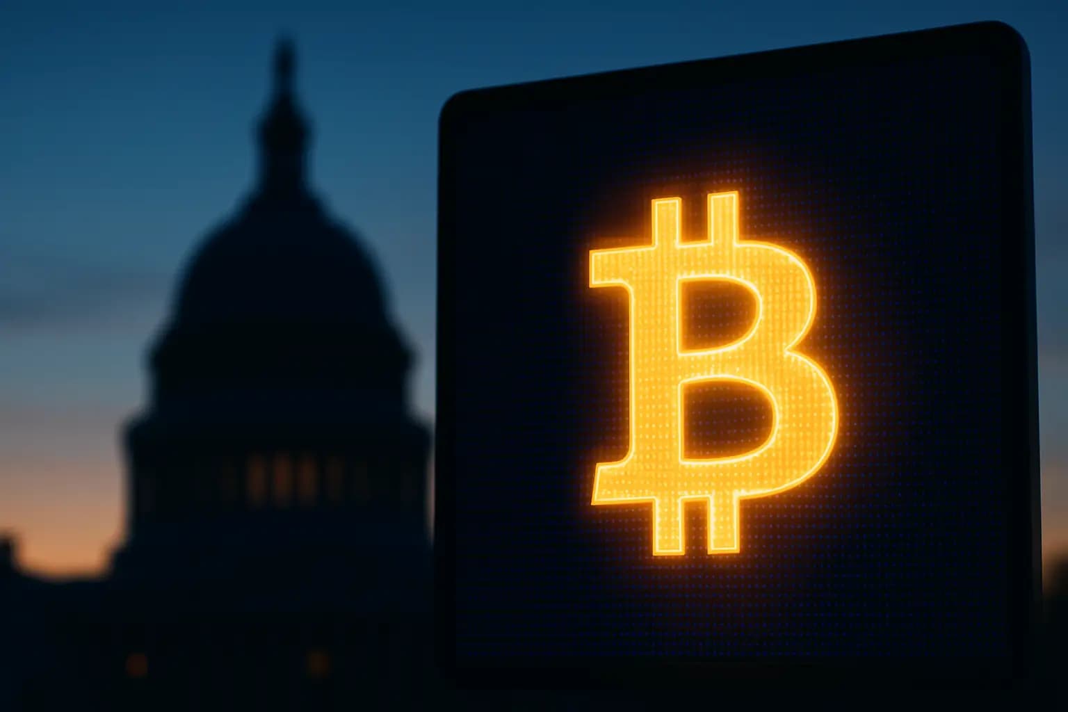 A digital currency symbol glowing on a screen next to a government building silhouette at dusk