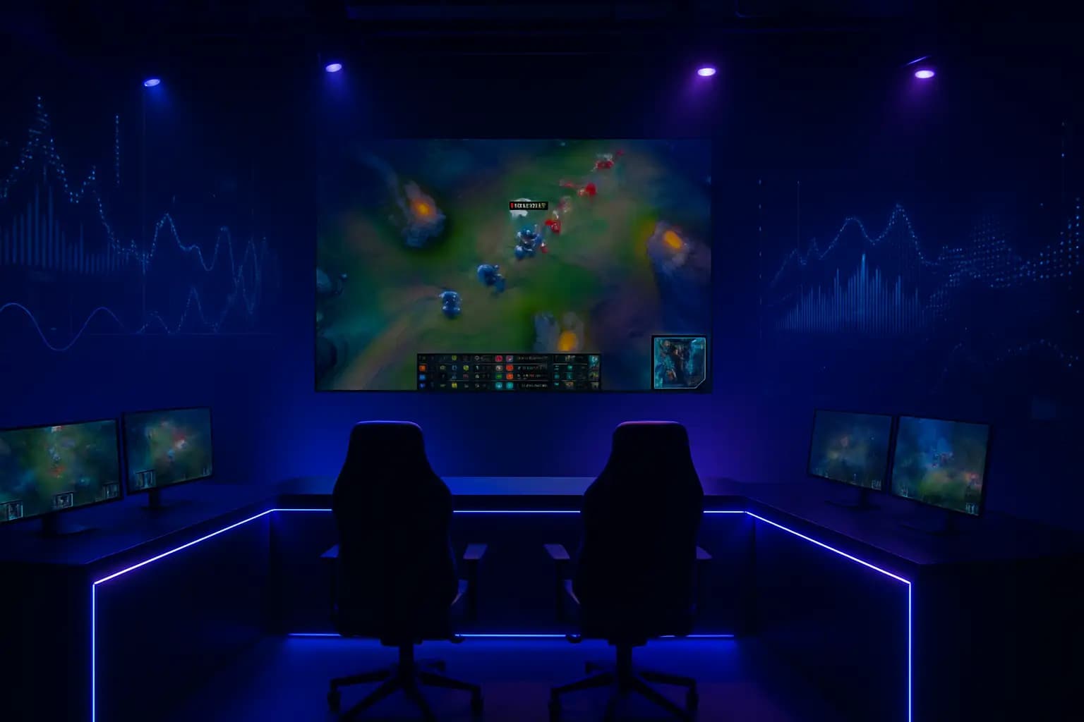 A futuristic esports broadcast studio with glowing screens and automated production equipment