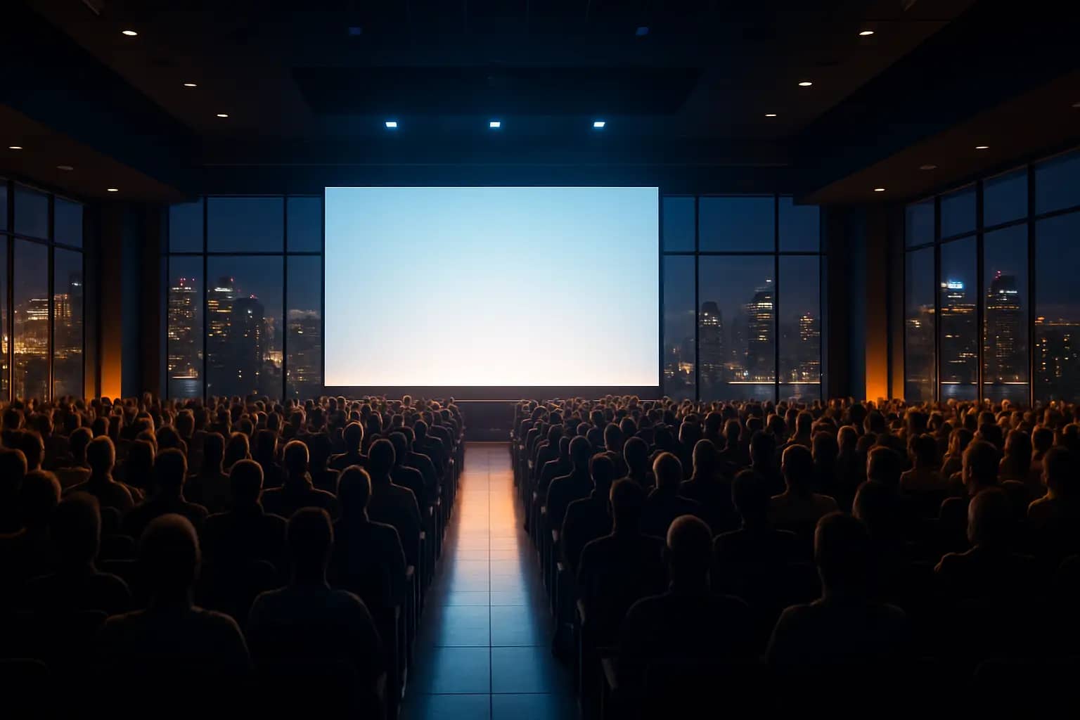 A large esports conference hall with stadium seating and a glowing main stage screen