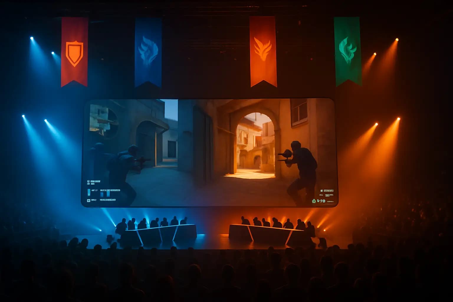 Rainbow Six Siege esports arena with South American team colors on display screens
