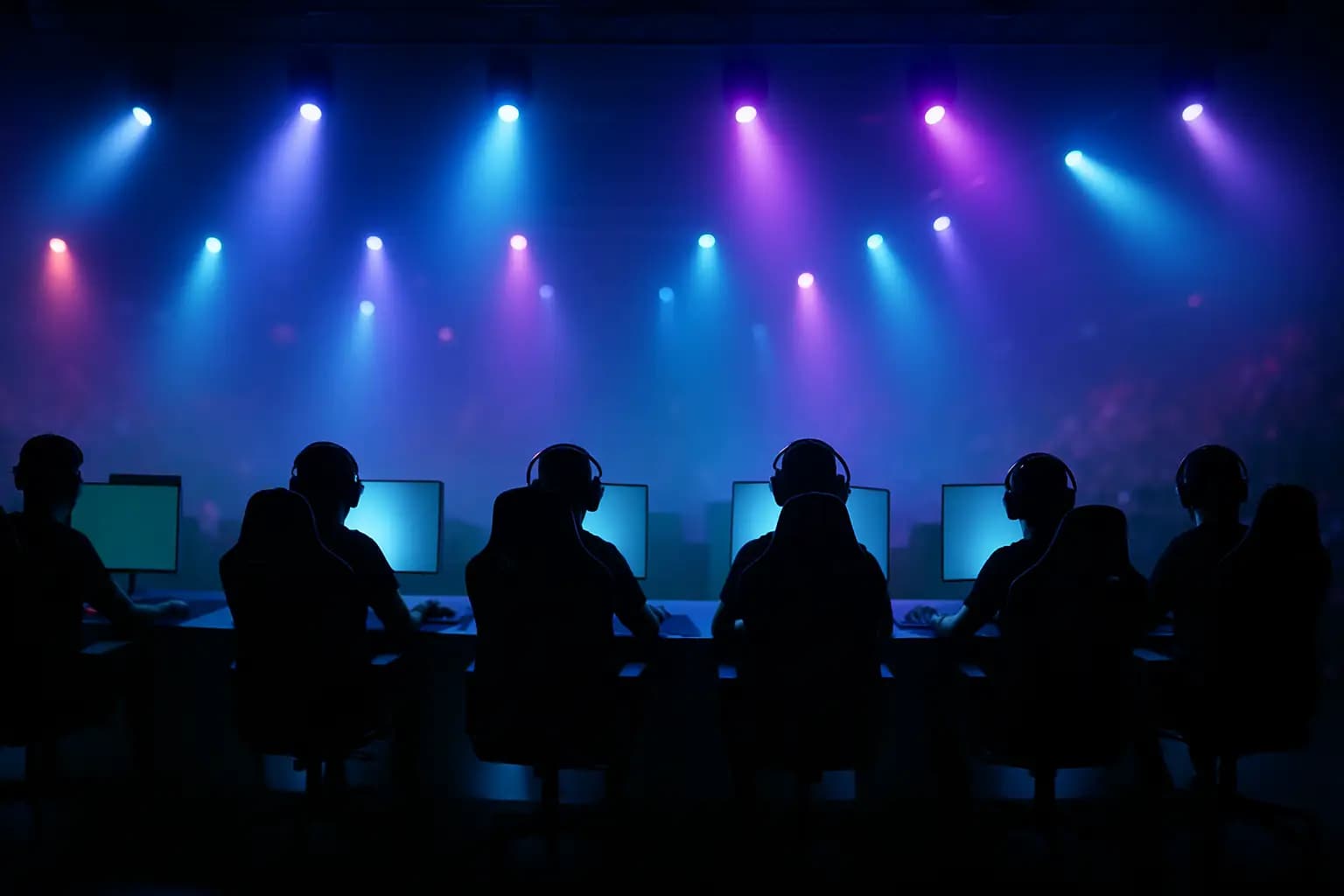 CS esports players competing on stage under dramatic arena lighting