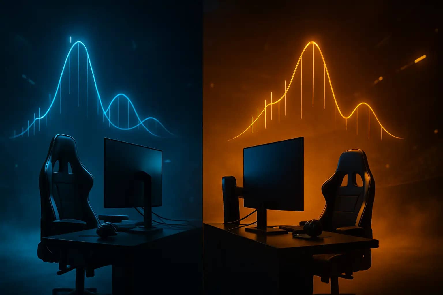 Two esports teams competing on stage with digital prediction market graphics overlaid