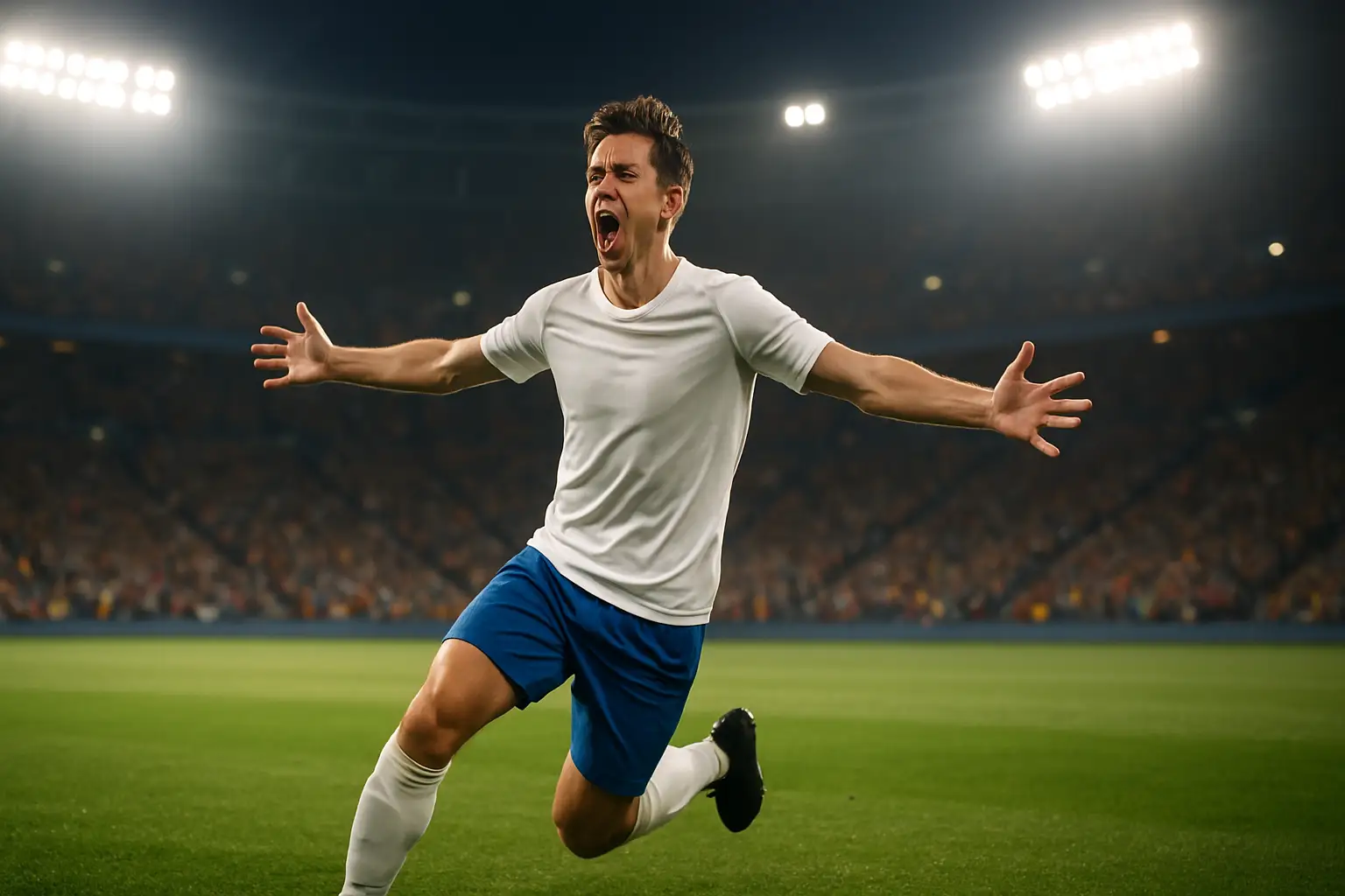 A football striker celebrating a goal in a packed World Cup stadium