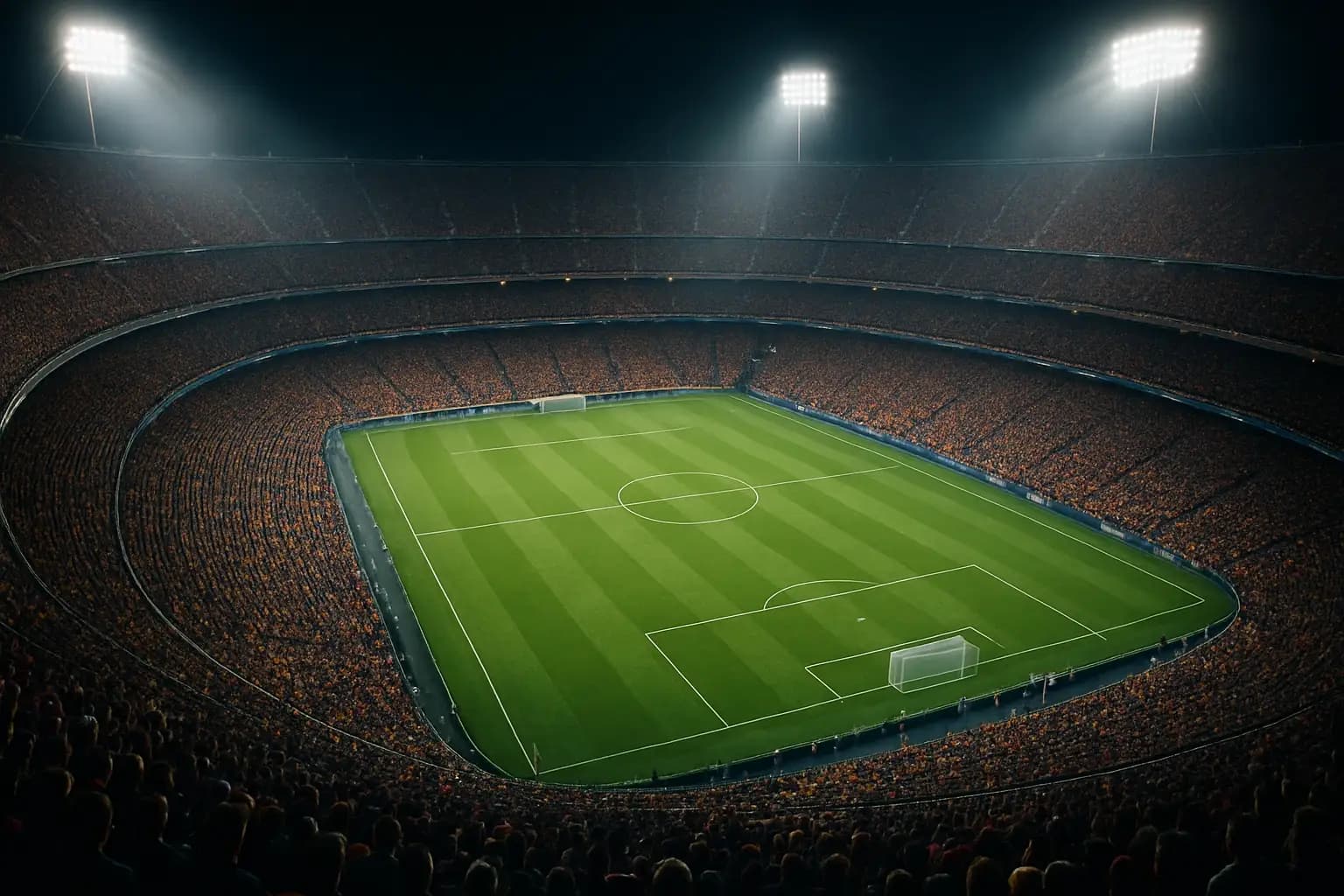 A packed football stadium glowing under floodlights on a World Cup match night