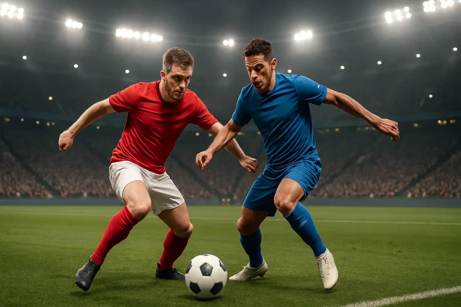Soccer players competing in a World Cup group stage match on a large stadium pitch
